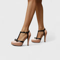 Damen T-Riemchen Plateau Pumps mit hohem Absatz