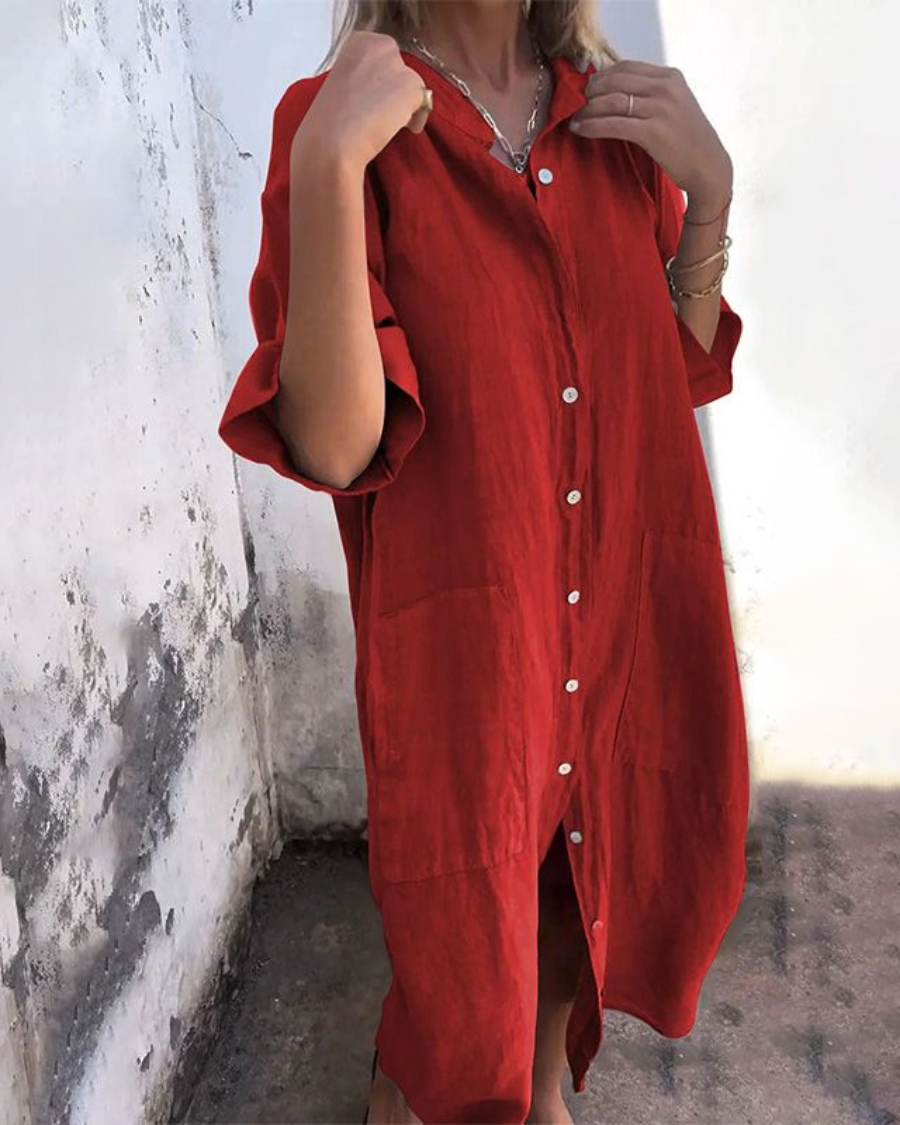 Women's Oversized Button-Front Midi Shirt Dress with Pockets