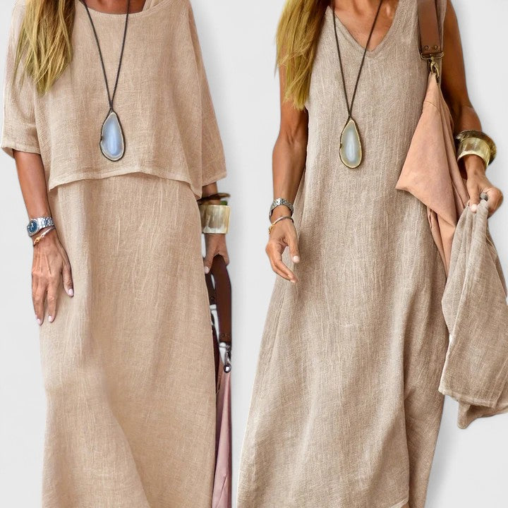 Lässiges Midi-Kleid für Damen mit mehrlagigem Überwurf