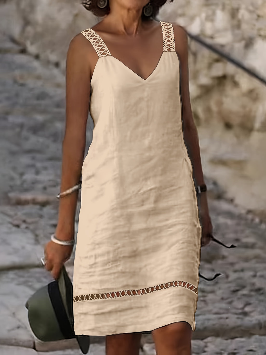 Women's Sleeveless V-Neck Lace Trim Casual Midi Dress