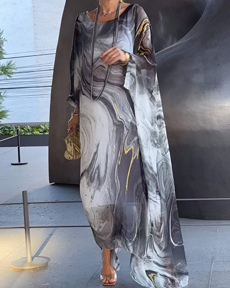 Women's Flowing Marble Print Kaftan Maxi Dress with Sheer Overlay