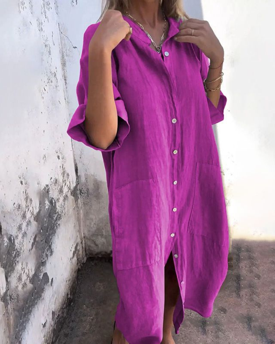 Women's Oversized Button-Front Midi Shirt Dress with Pockets