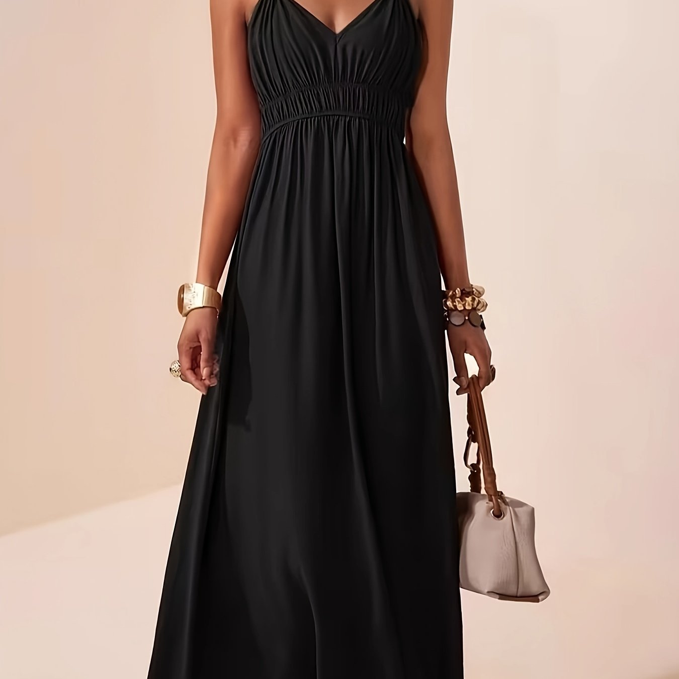 Women's Sleeveless Maxi Dress with V-Neck and Beaded Strap Details