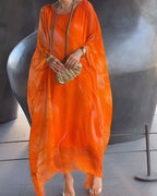 Women's Flowing Marble Print Kaftan Maxi Dress with Sheer Overlay