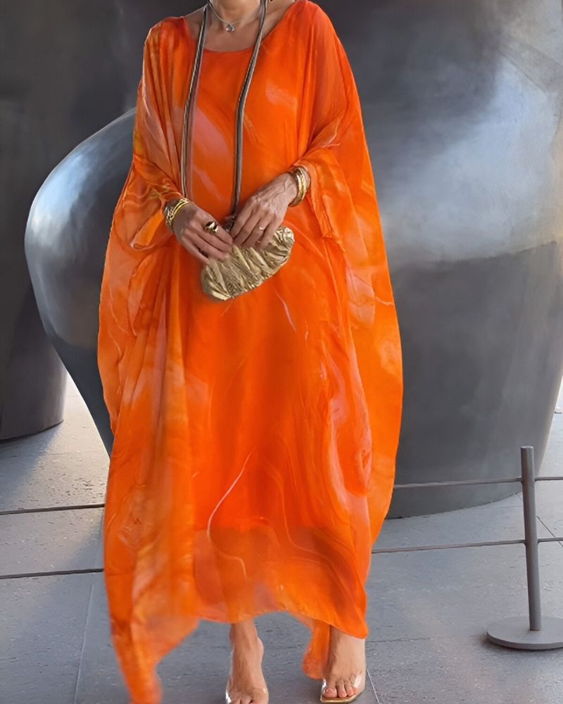 Women's Flowing Marble Print Kaftan Maxi Dress with Sheer Overlay