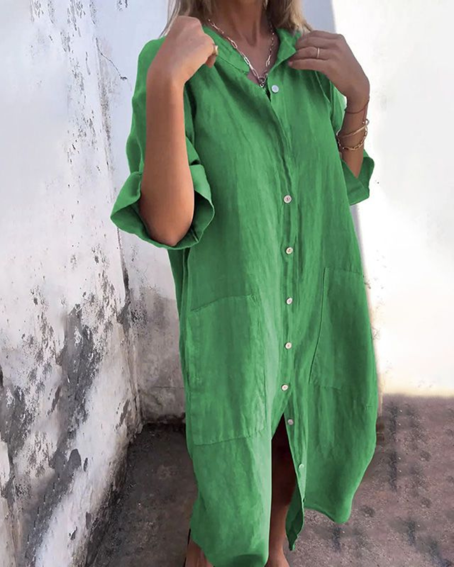Women's Oversized Button-Front Midi Shirt Dress with Pockets