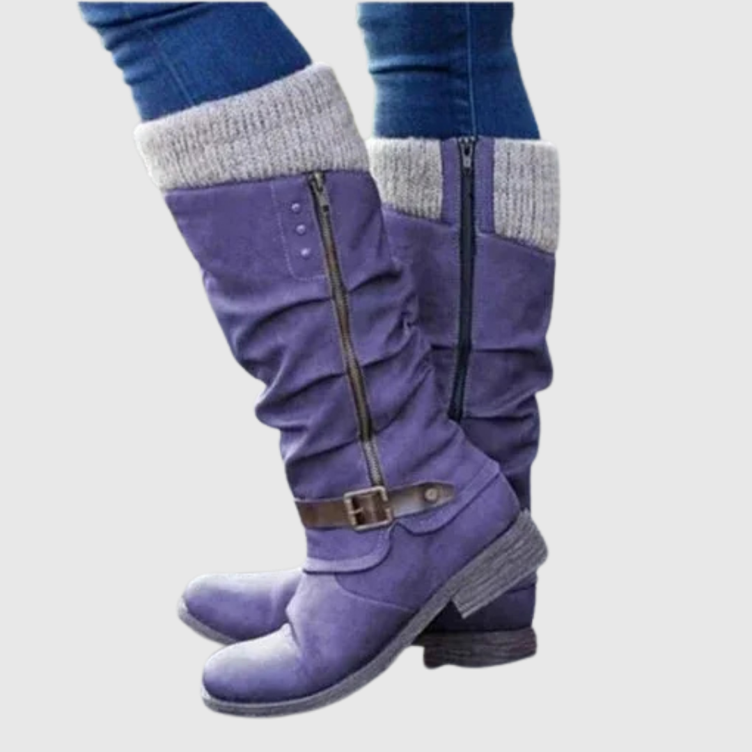 Women's Mid-Calf Boots with Knit Cuffs and Buckle Detail