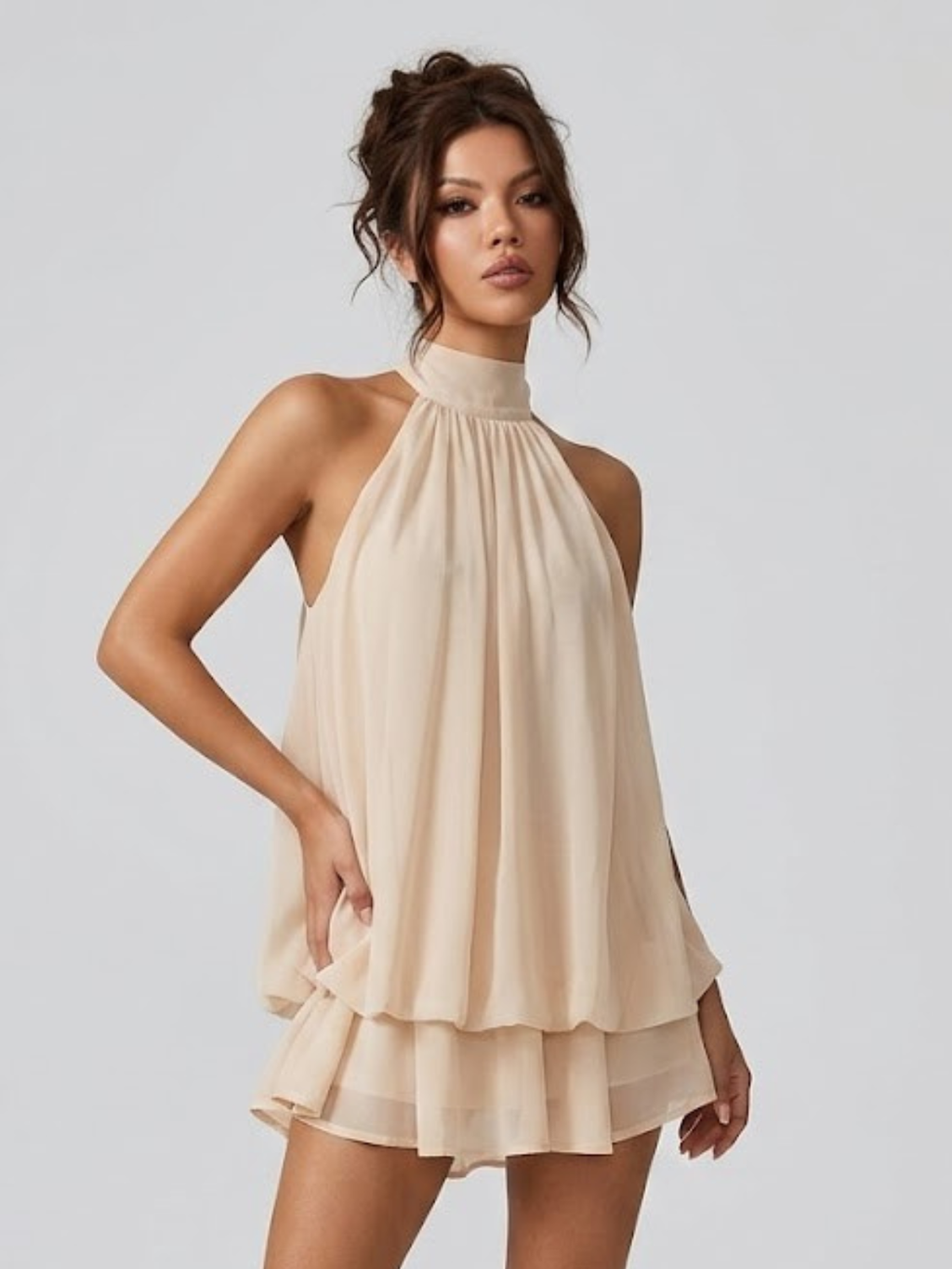 Women's Elegant Halter Neck Layered Chiffon Mini Dress