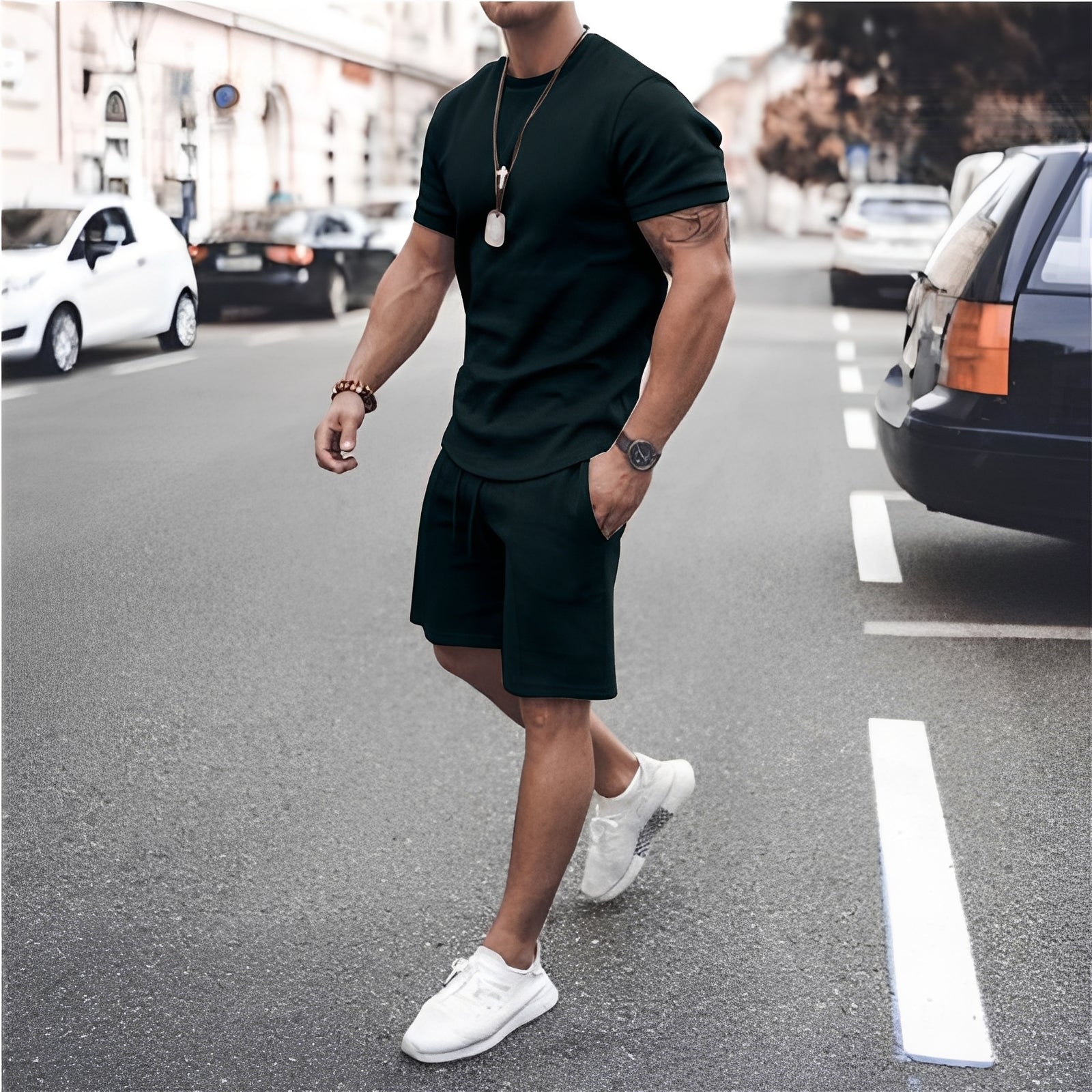 Men's Casual Short Sleeve T Shirt and Drawstring Shorts Two Piece Set