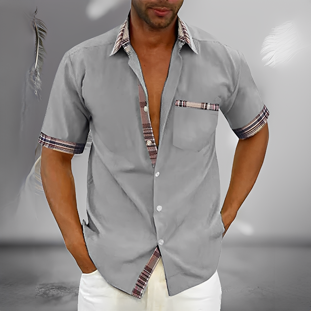 Chemise boutonnée manches courtes pour homme avec bordure contrastée et poche poitrine