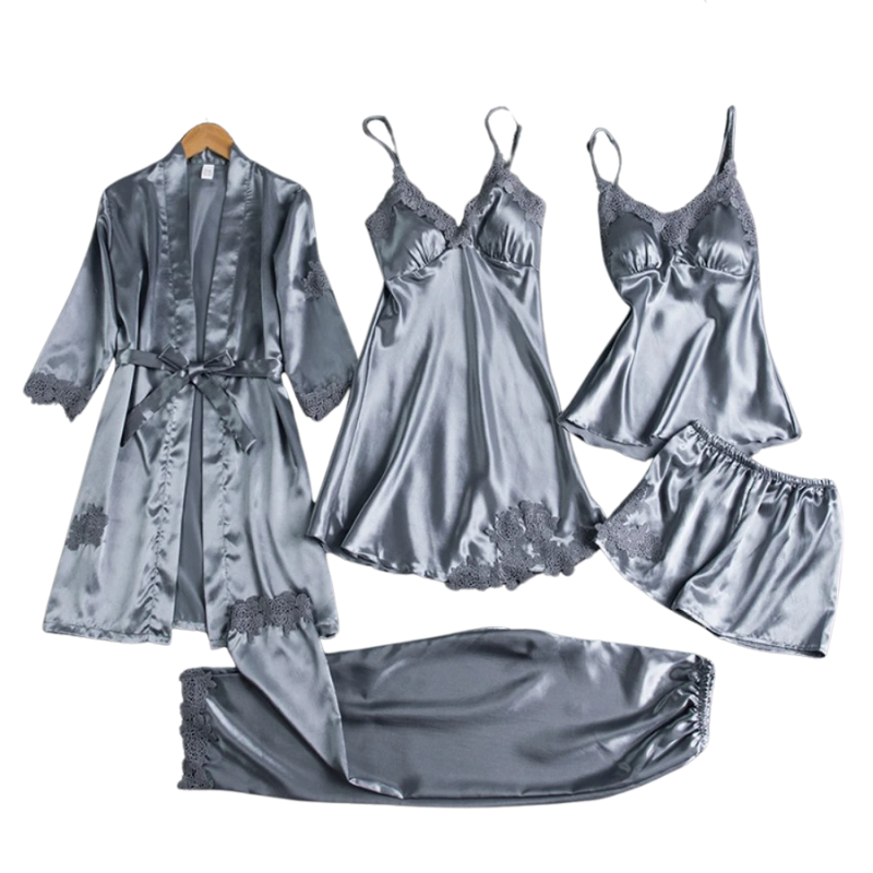Women’s Satin Sleepwear Set with Elegant Lace Detail and Relaxed Fit