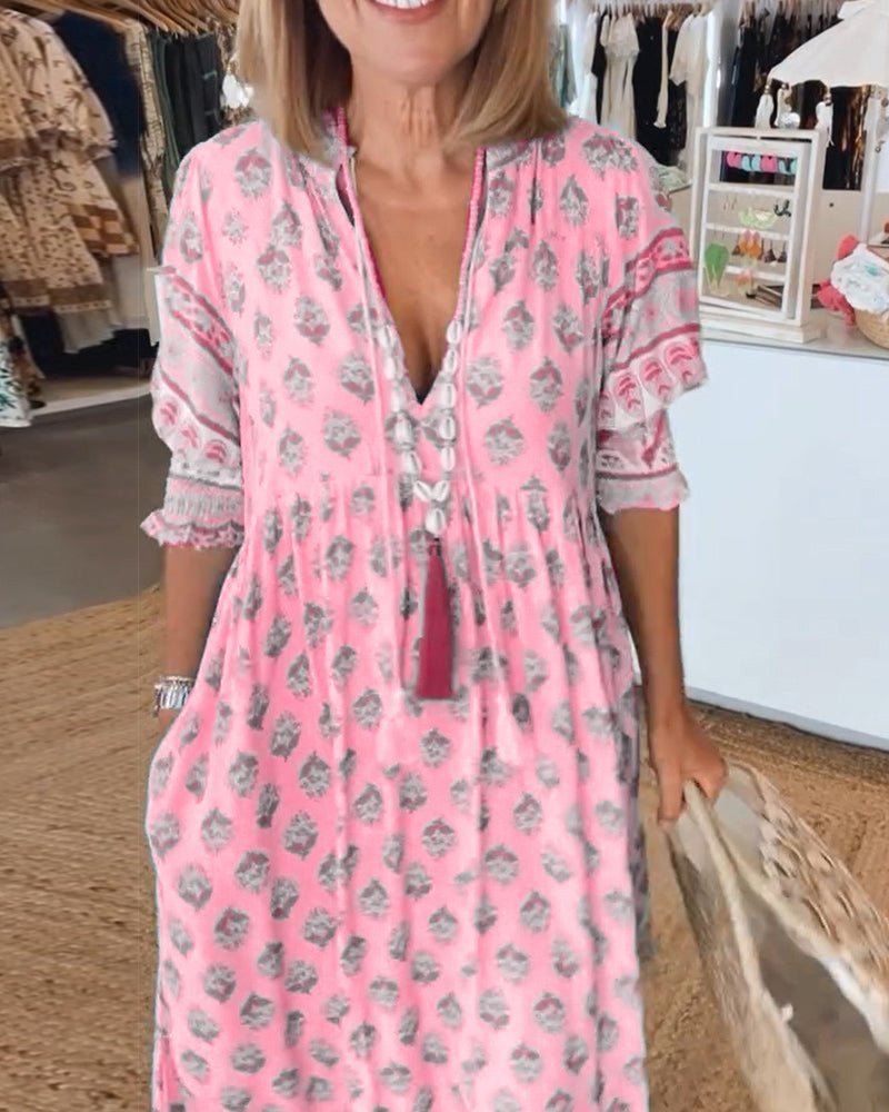 Women's Bohemian Print Maxi Dress with Tassel Tie Neckline