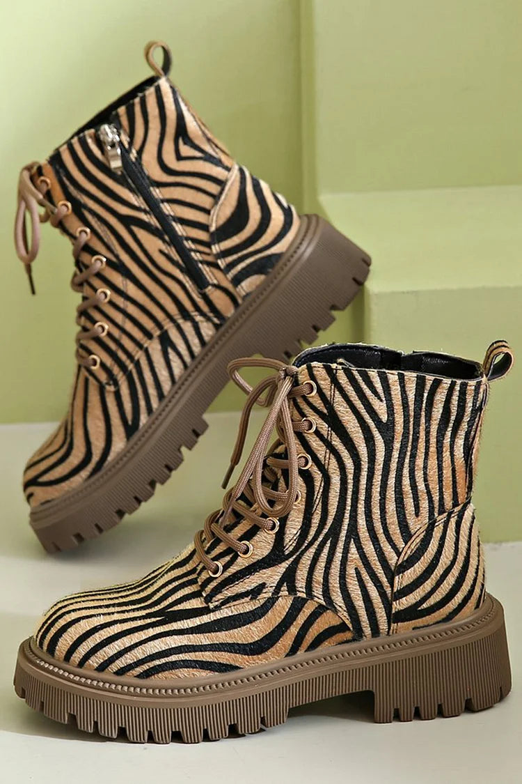 Women's Zebra Print Lace-Up Ankle Boots