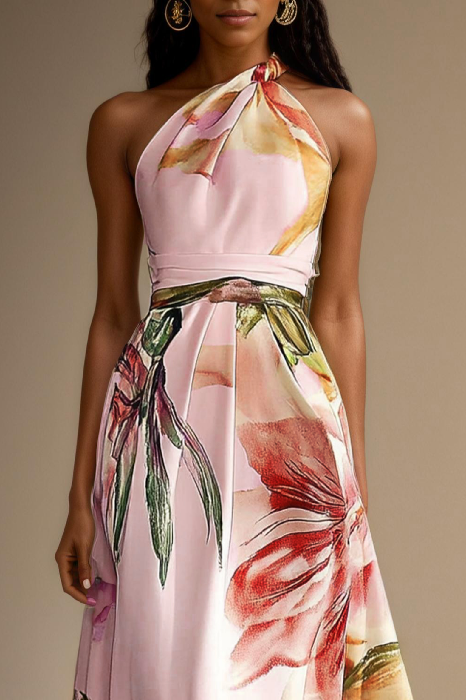 Maxikleid für Damen mit Blumenmuster, Neckholder und Taillenband-Detail