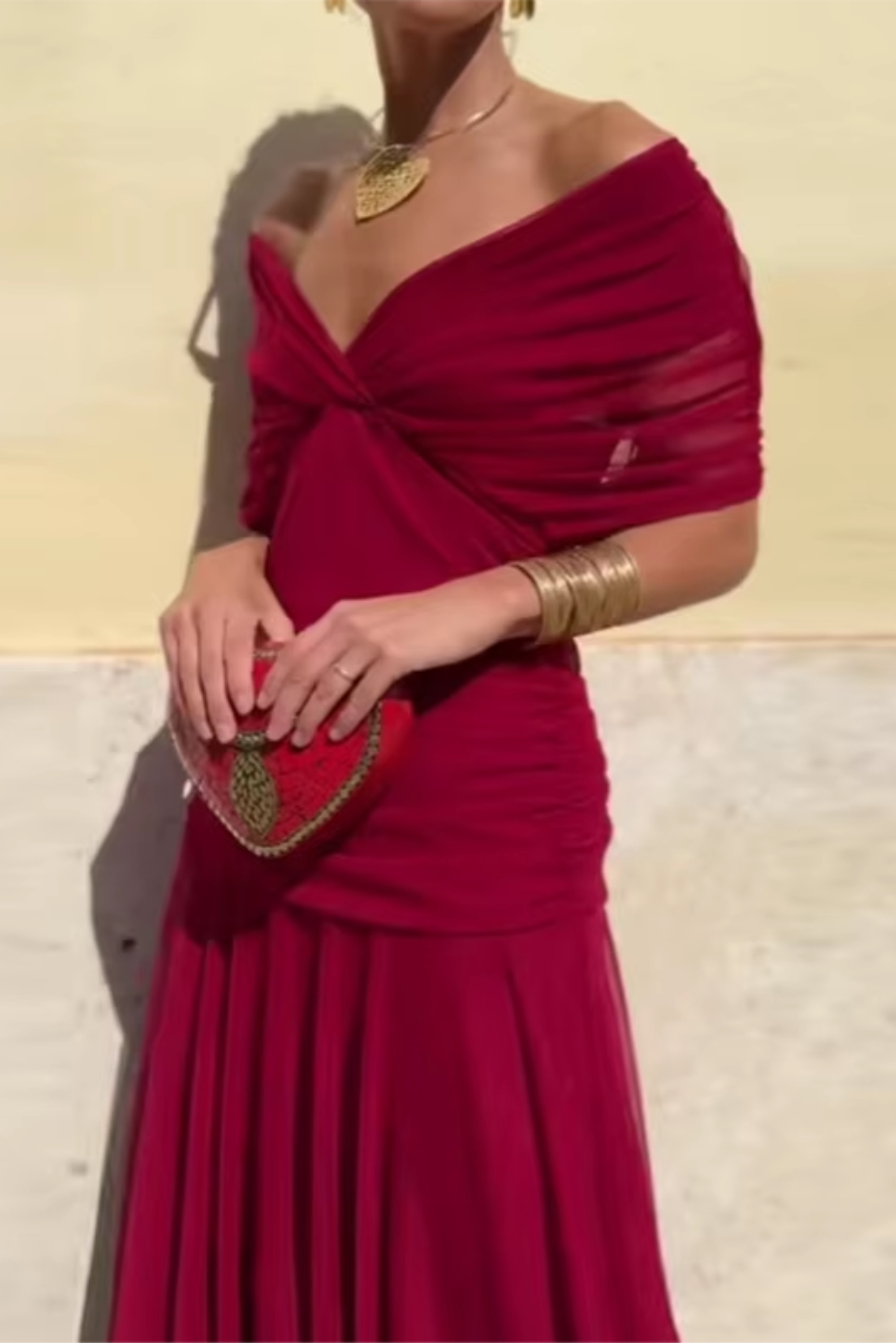 Women's Elegant Maxi Dress with V-Neck and Flowing Draped Sleeves