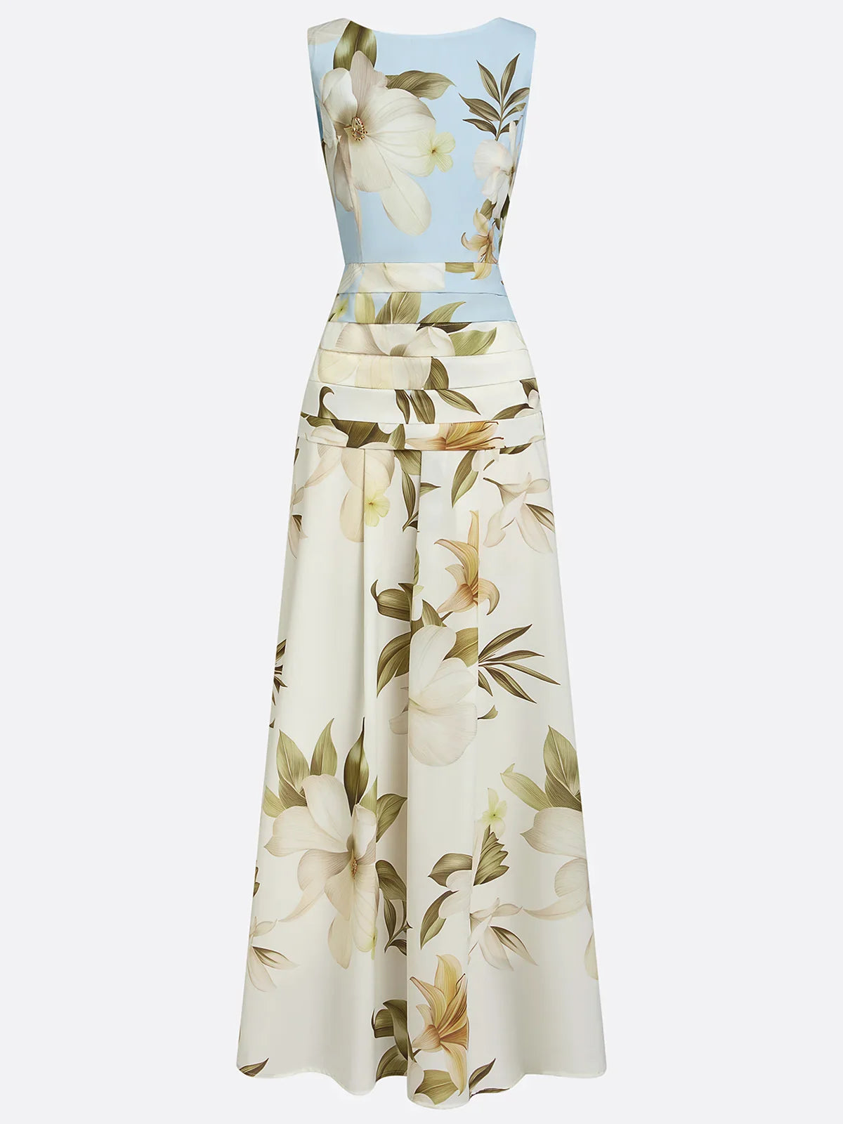 Maxikleid für Damen mit Blumenmuster, ärmellos, Bootsausschnitt und plissiertem Taillenbereich