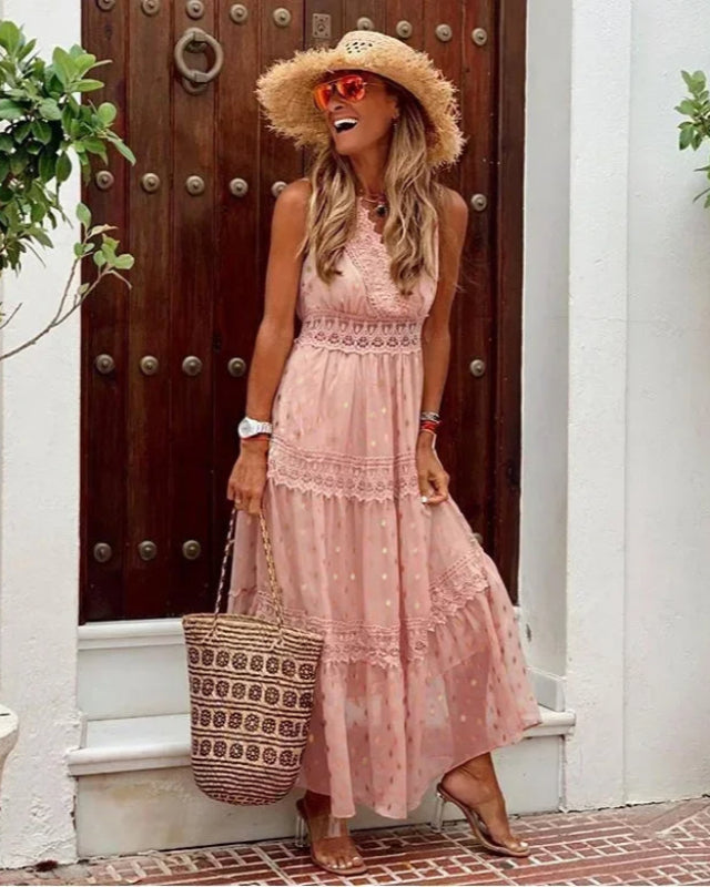 Women's Bohemian Maxi Dress with Lace Panels and Flowing A-Line Fit