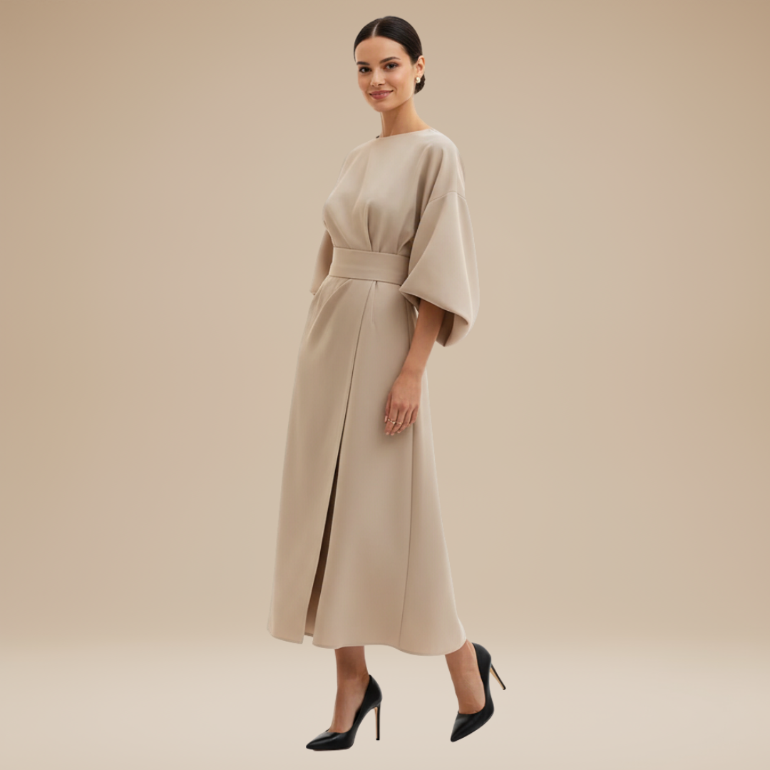 Elegantes Damen-Midikleid mit Bootsausschnitt, weiten Ärmeln, tailliertem Bund und ausgestelltem A-Linien-Rock