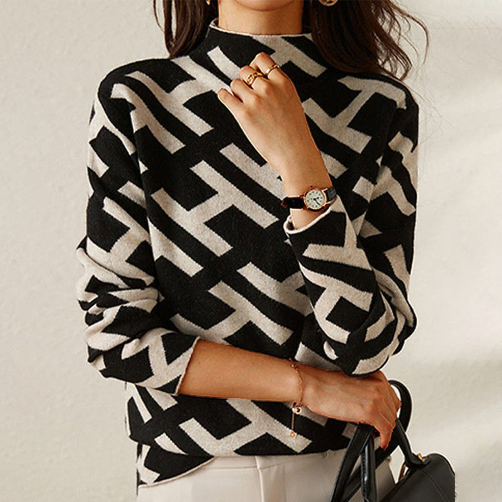 Maglione da donna in maglia geometrica con collo alto finto