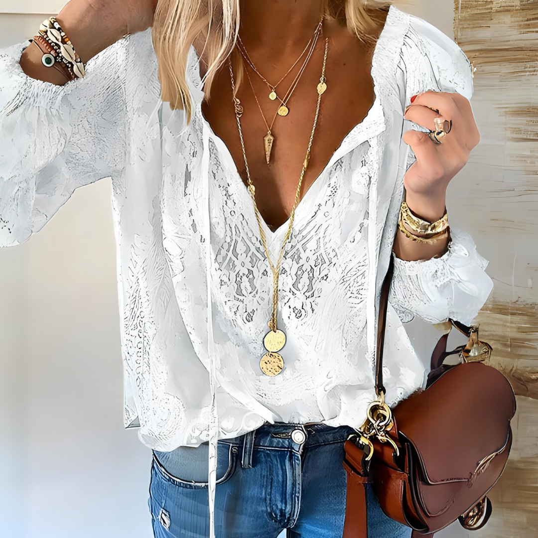 Women's Bohemian Blouse with Split Neckline and Long Sleeves