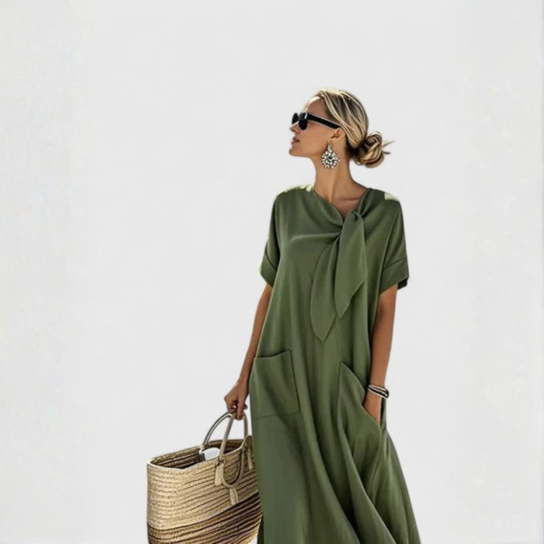 Women's Relaxed Midi Dress with Tie Neck and Pockets for Effortless Summer Style
