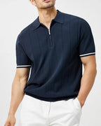 Men's Refined Vertical Rib-Knit Quarter Zip Polo with Contrast Sleeve Trim and Tailored Stretch Fit