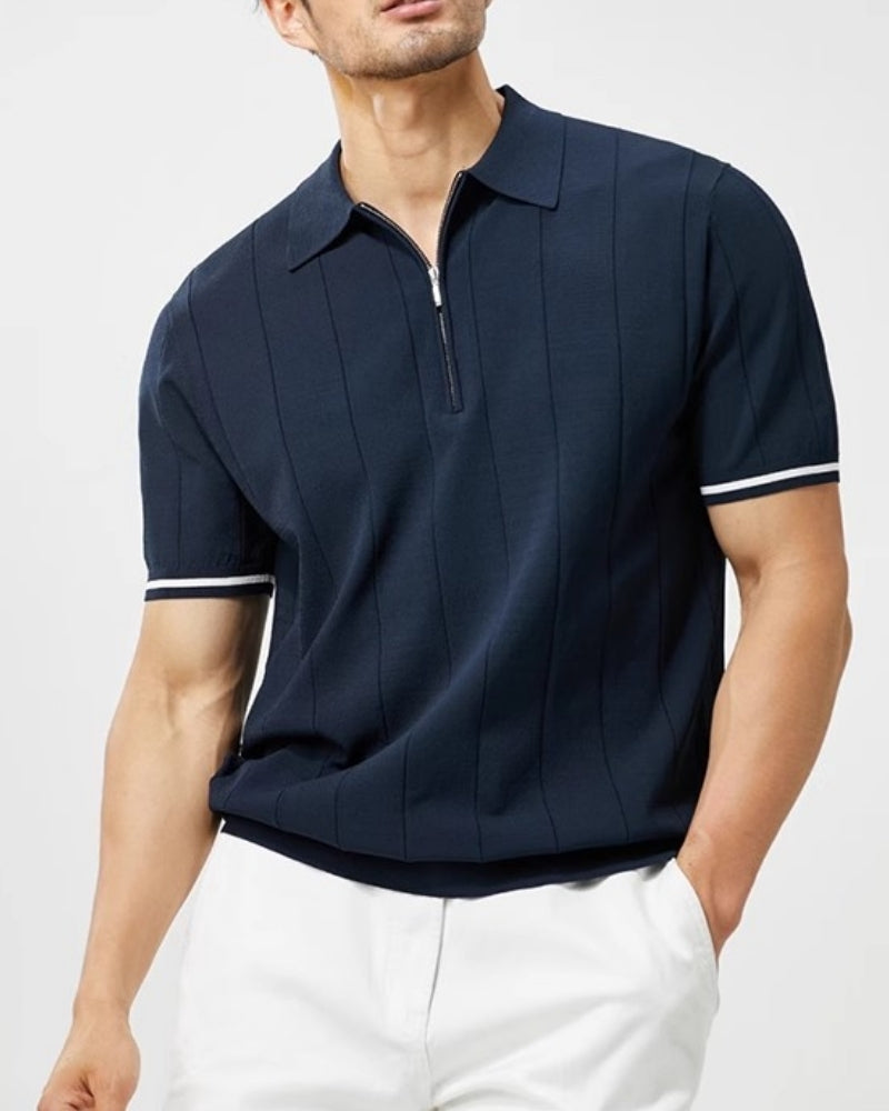 Men's Refined Vertical Rib-Knit Quarter Zip Polo with Contrast Sleeve Trim and Tailored Stretch Fit