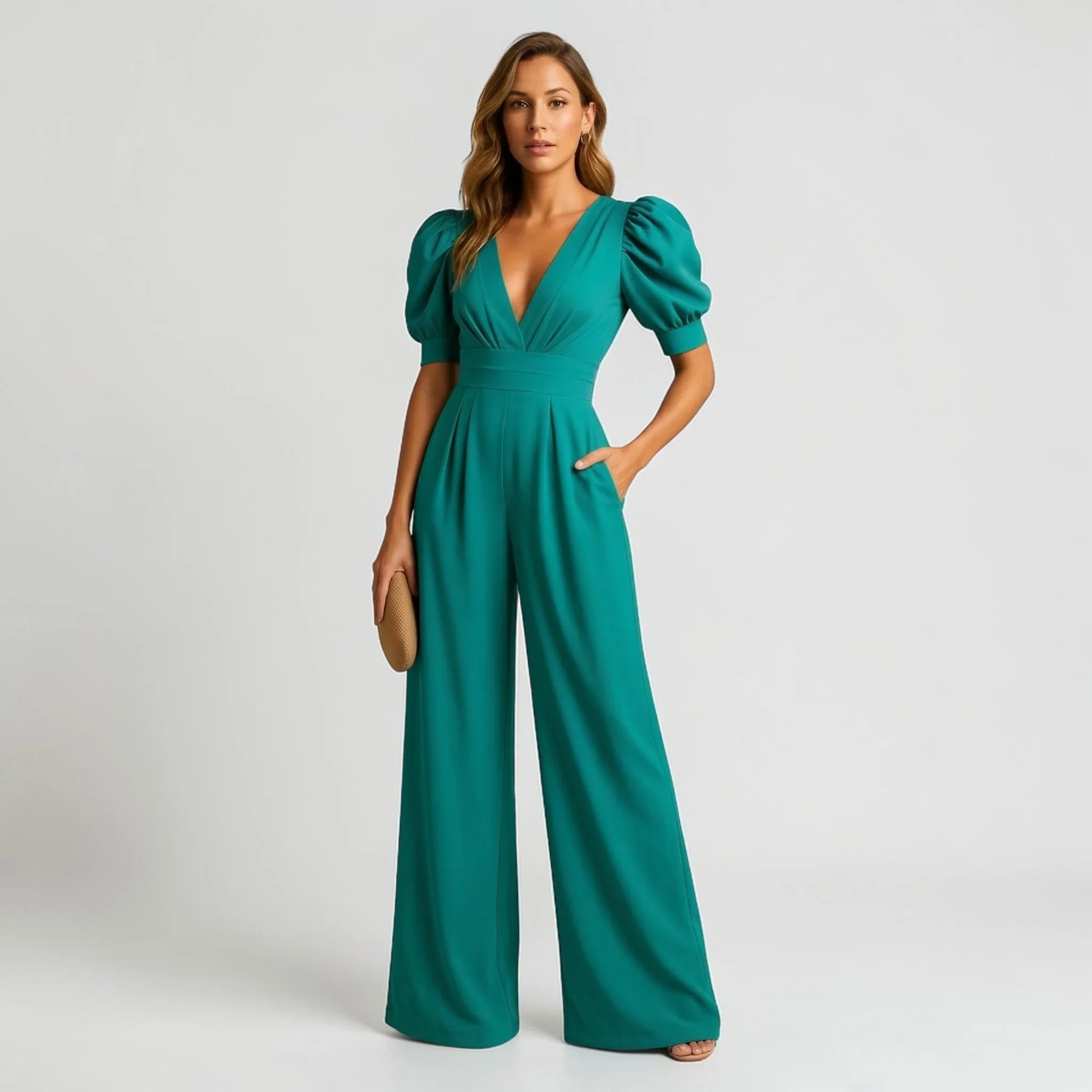 Women's Elegant Puff Sleeve Wide Leg Jumpsuit with Deep V-Neck, Defined Waist and Side Pockets