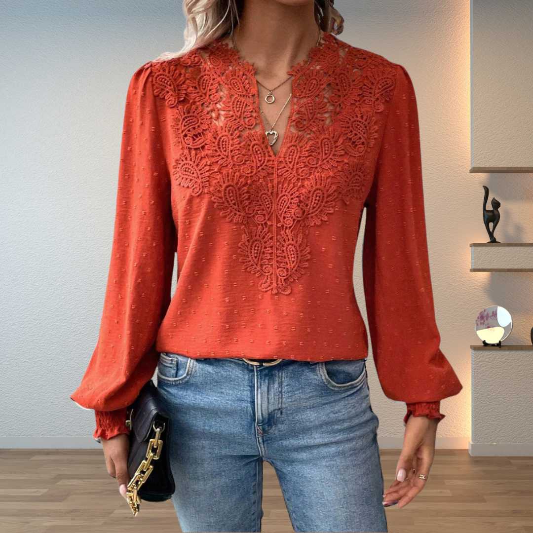 Women's Floral Lace V Neck Long Sleeve Casual Blouse