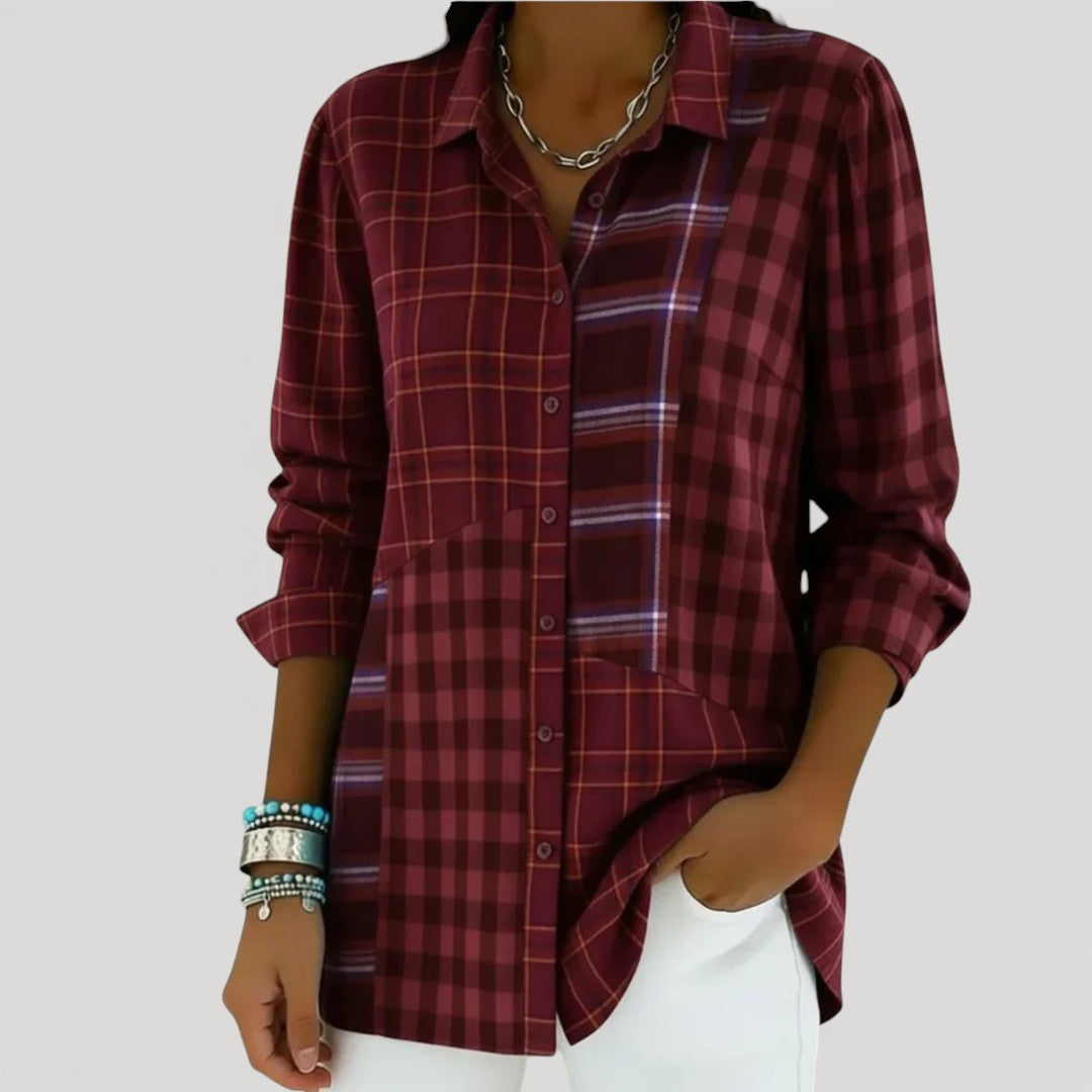 Chemise boutonnée à carreaux patchwork décontractée pour femme