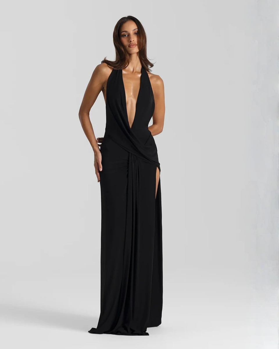 Women's Halter Maxi Dress with Open Back and Draped Side Slit