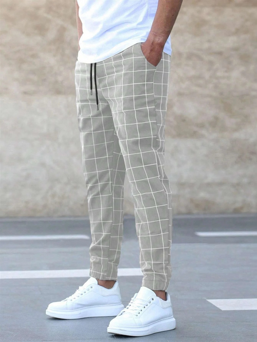 Men Casual Trousers with Check Pattern and Comfortable Elastic Fit