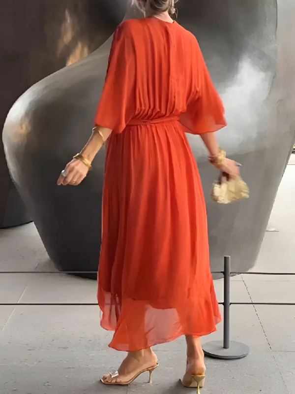 Women's Chiffon Wrap Midi Dress with Tie Waist