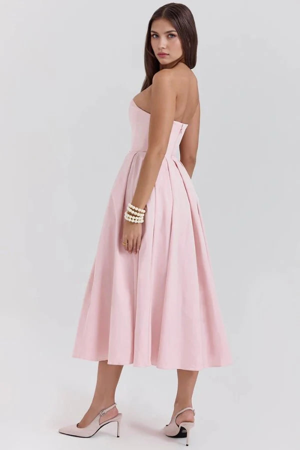 Damen trägerloses Midikleid mit Korsett-Oberteil und plissiertem Rock