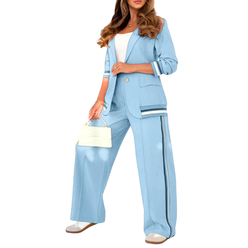 Women’s Striped Trim Blazer and Wide Leg Pants Set