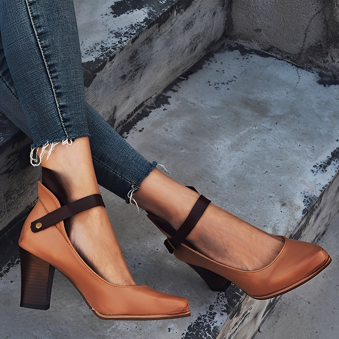 Damen Pumps mit quadratischer Spitze, Mary Jane Riemchen und Blockabsatz