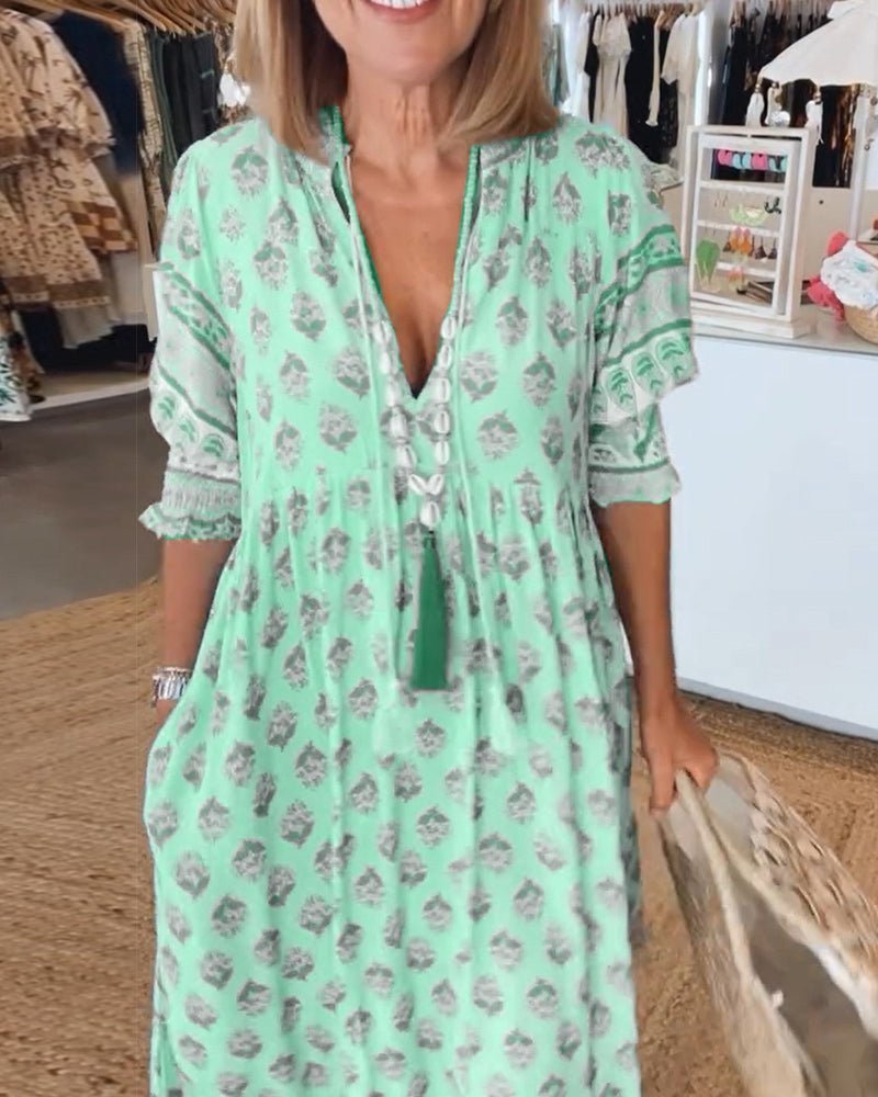 Women's Bohemian Print Maxi Dress with Tassel Tie Neckline