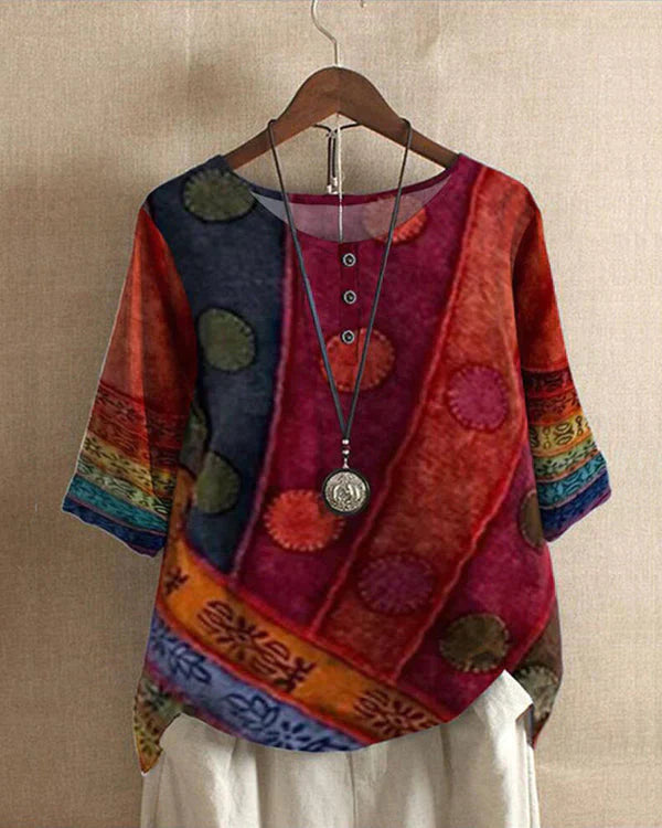 Women Artistic Patchwork Blouse with Relaxed Fit and Breathable Comfort