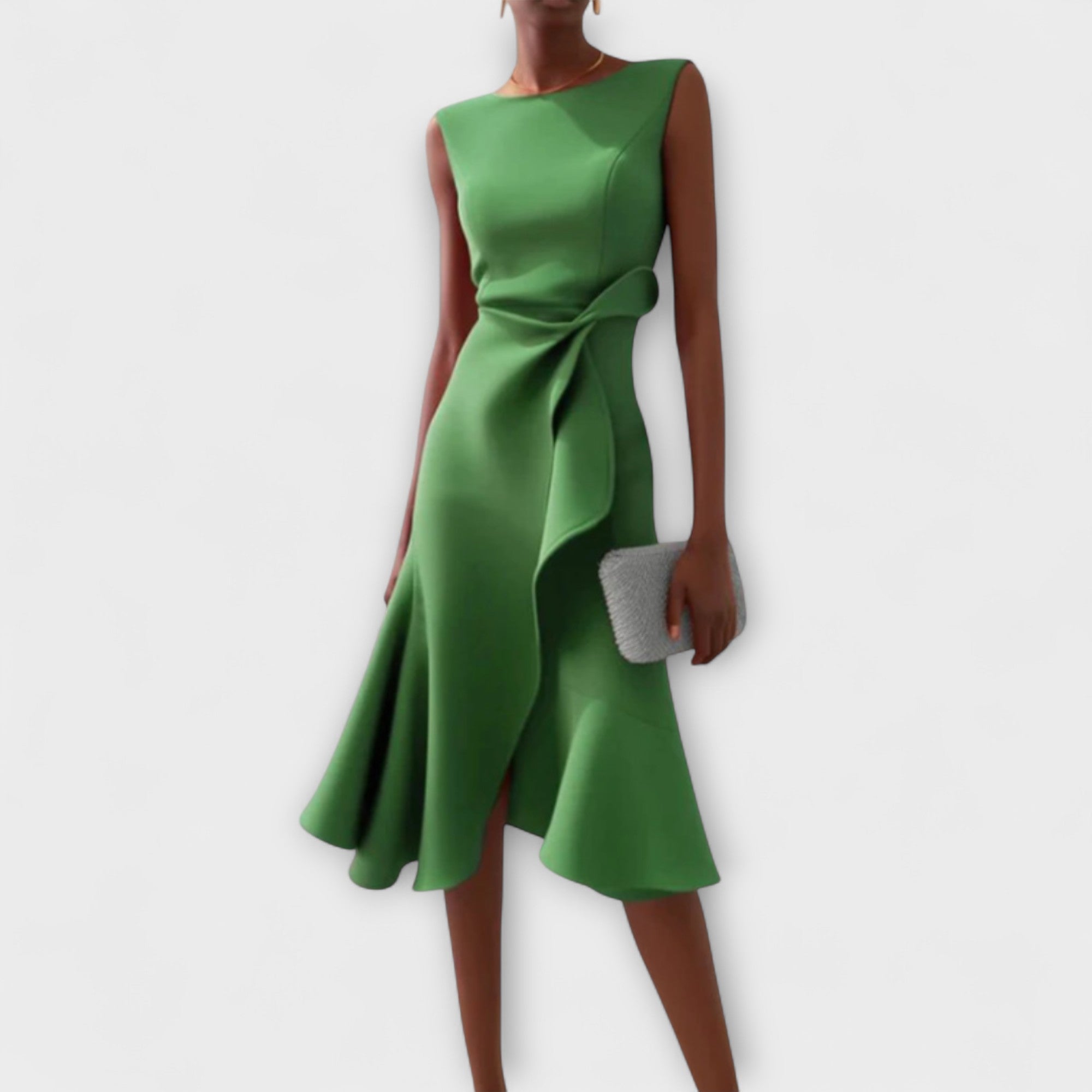 Robe midi moulante élégante sans manches pour femme avec taille à volants  