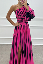 Women's One-Shoulder Striped Evening Gown with Dramatic Puff Sleeve