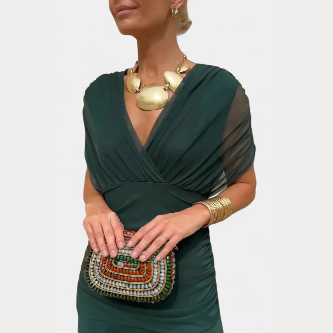 Women's Elegant Off-Shoulder Evening Dress with Draped Fit and Flowing Skirt
