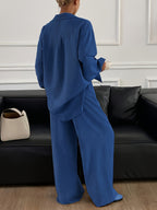 Women's Relaxed Button-Up Shirt and Wide Leg Pants Two-Piece Set