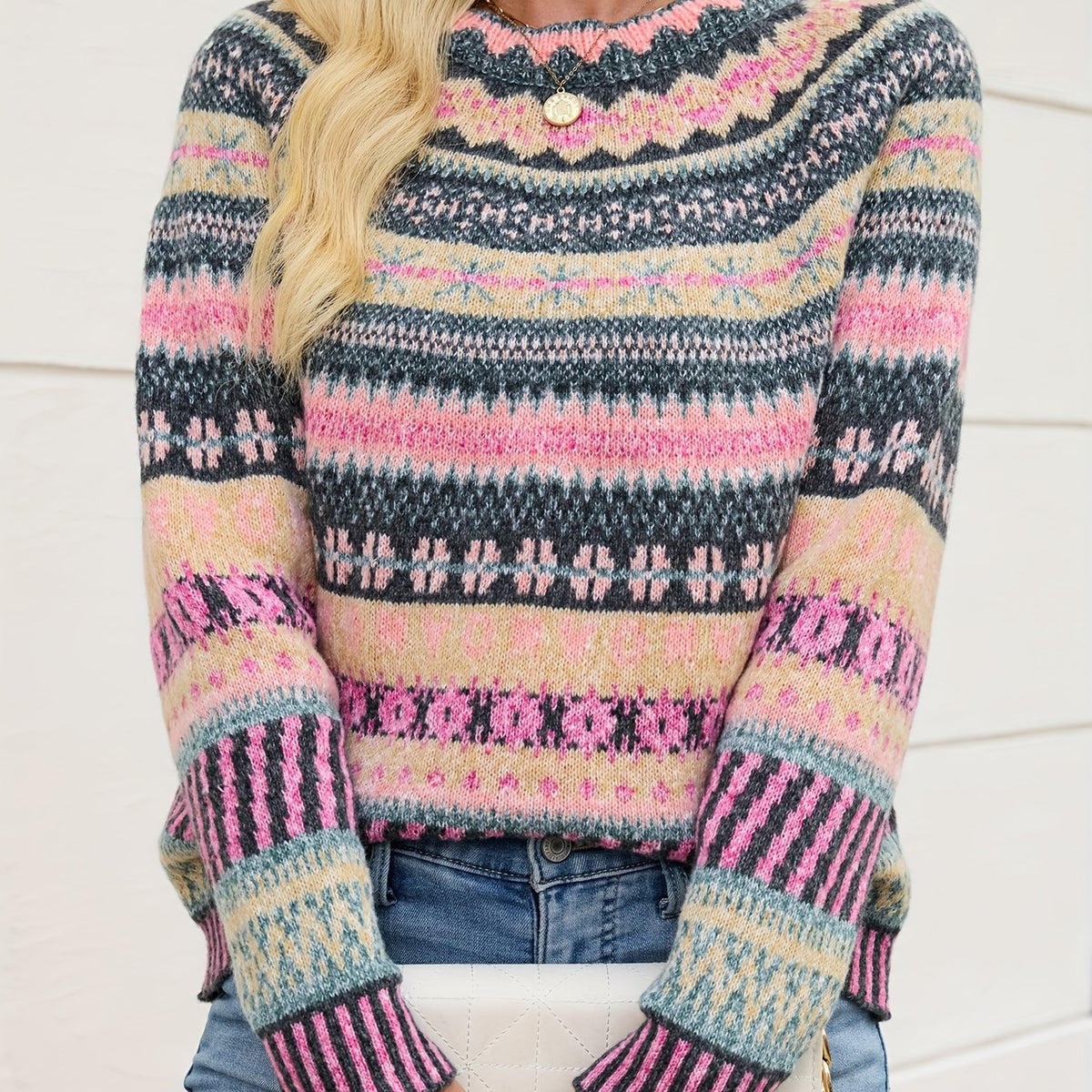 Pull en maille pour femme à col rond, motif jacquard
