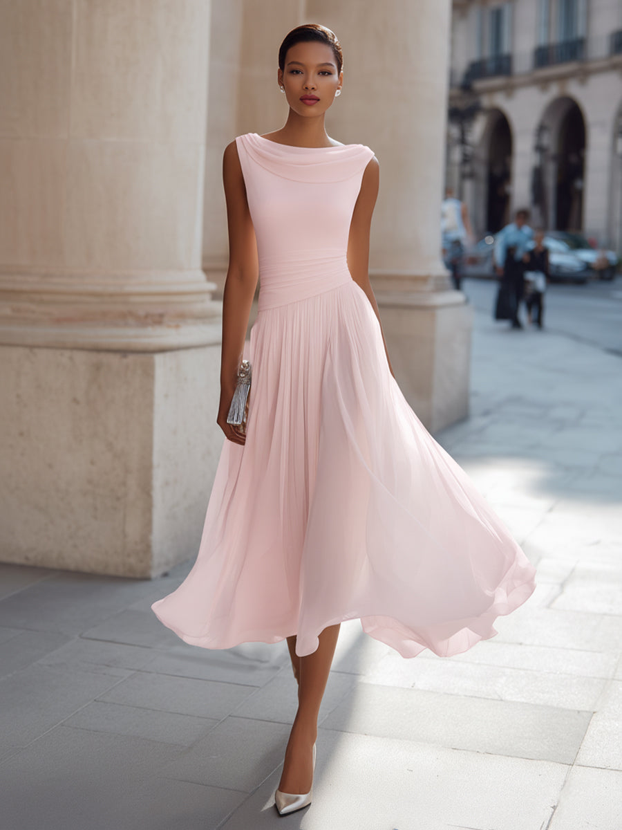 Ärmelloses Chiffon-Midikleid für Damen mit drapiertem Ausschnitt und geraffter Taille