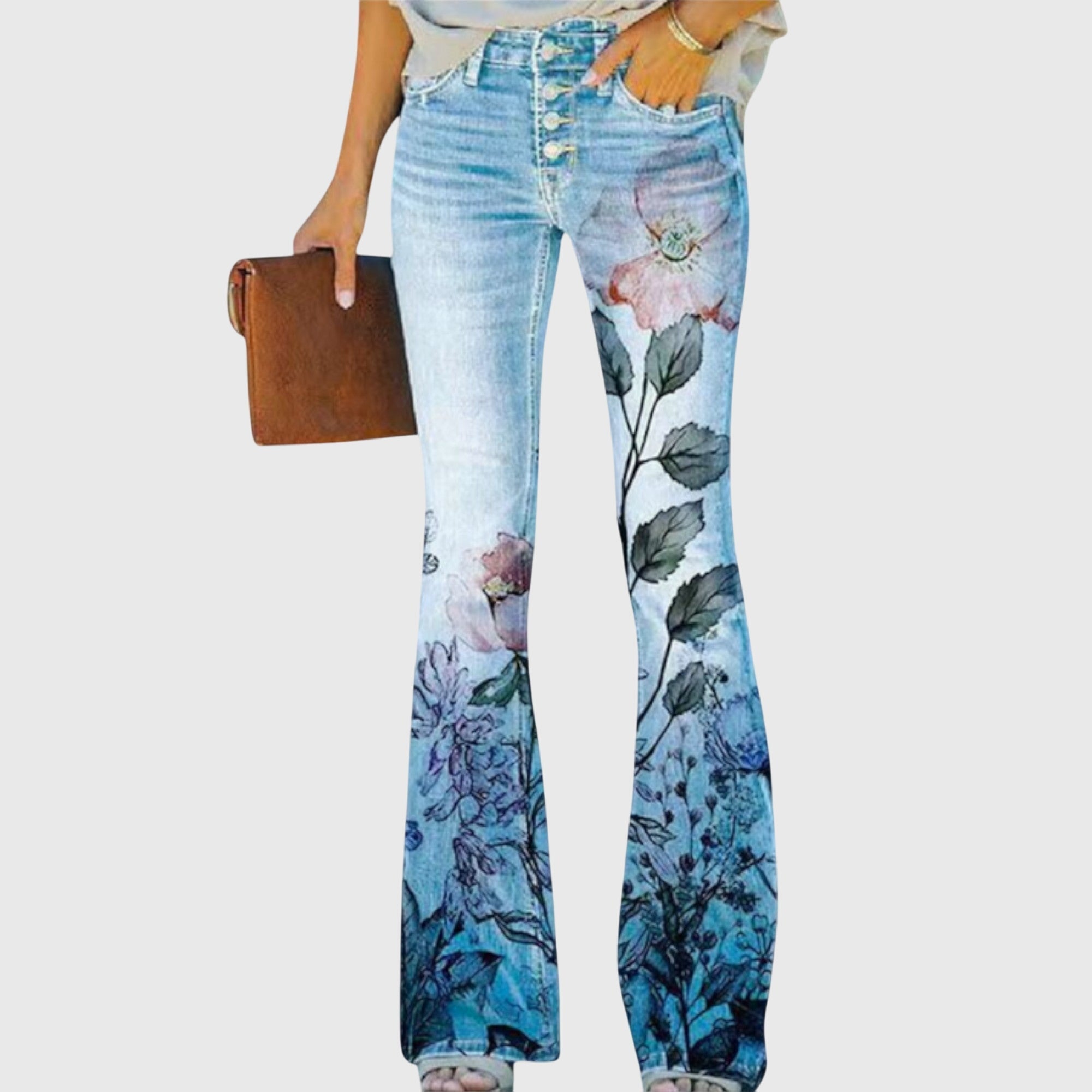 Damejeans med blomsterprint og vidde
