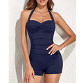 Women's Halter Swimsuit with Shaping Ruching and Built-In Shorts