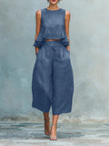 Women's Linen Two-Piece Set with Sleeveless Top and Wide-Leg Trousers