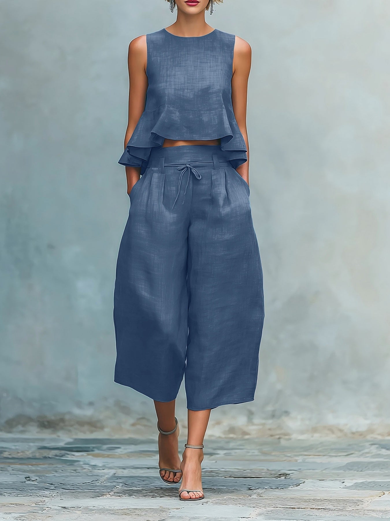 Women's Linen Two-Piece Set with Sleeveless Top and Wide-Leg Trousers