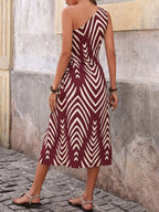 Women's One-Shoulder Midi Dress with Cut-Out Waist and Geometric Print