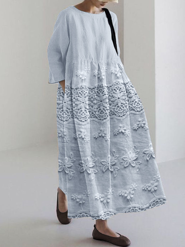 Women's Embroidered Floral Lace Maxi Dress with Relaxed Vintage Silhouette